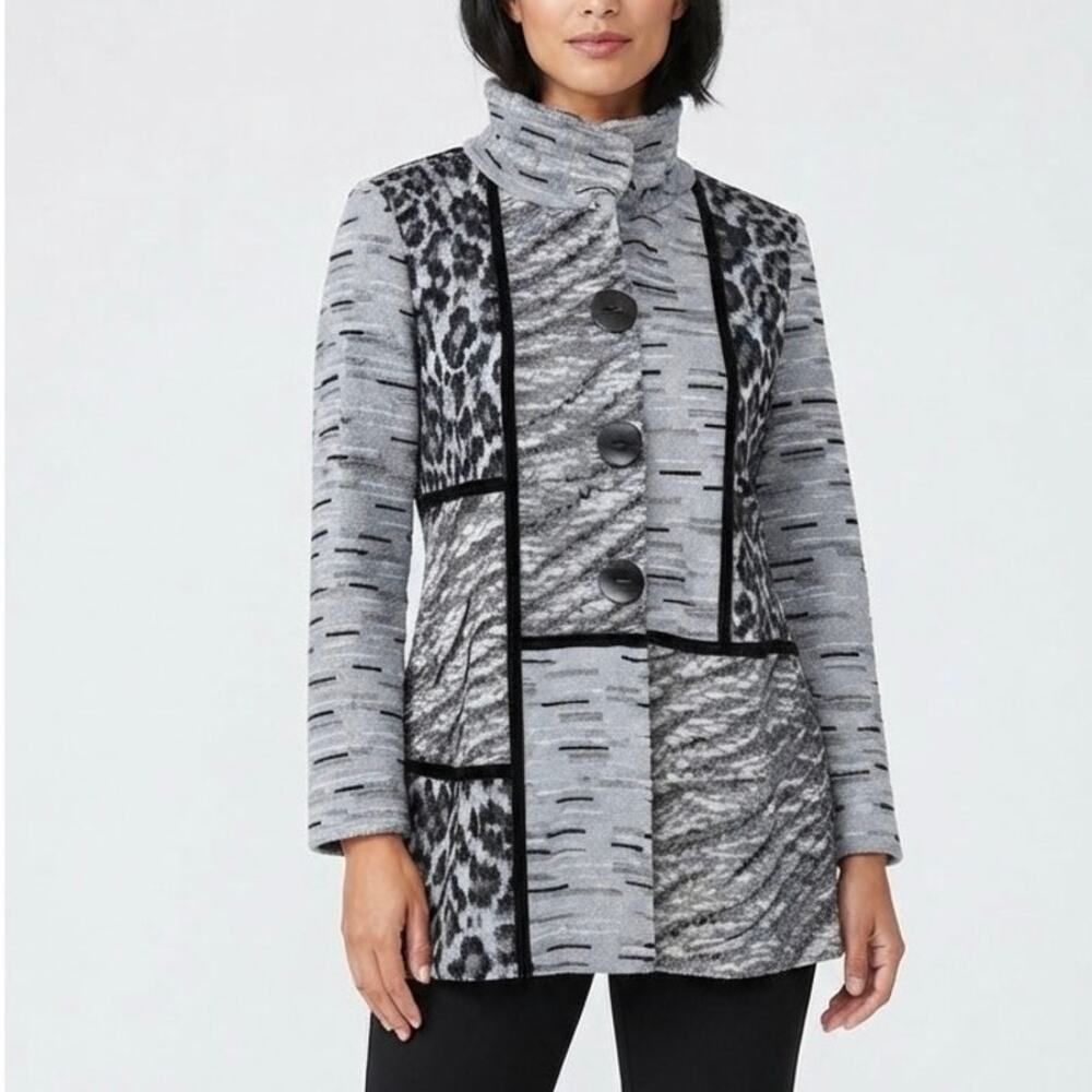 Ming Wang Women's Mixed Print Knit Jacket Black Gray White Stand Collar Size PXS